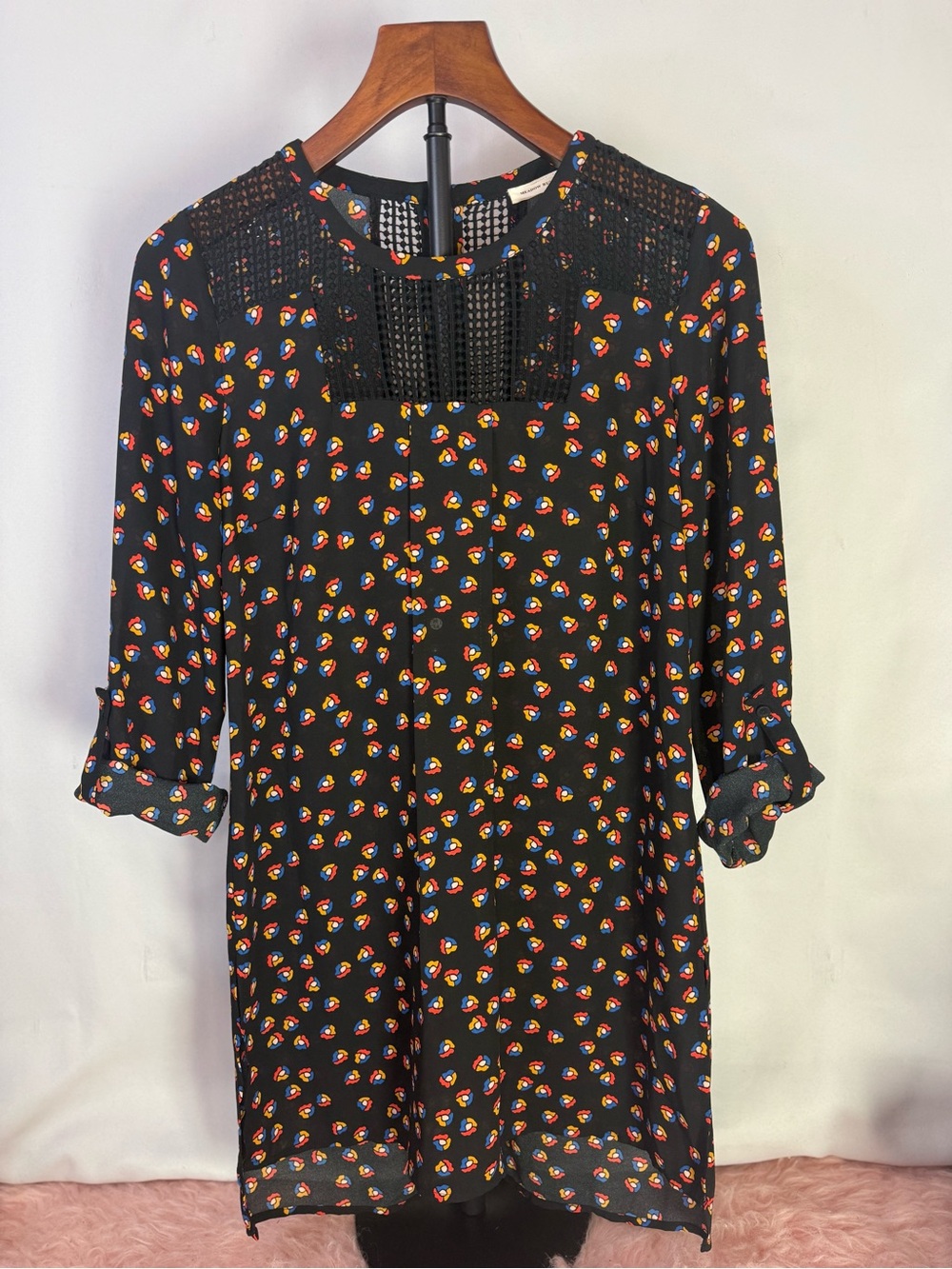Anthropologie Meadow Rue - Black Floral Print Tunic Dress Crochet Yoke - Size XS
